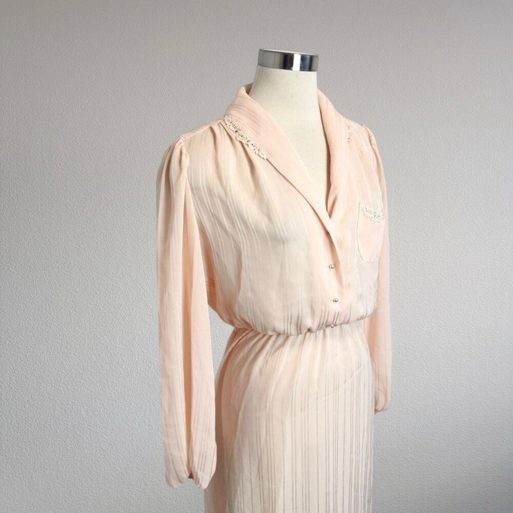 Roberta 1970s Pink Sheer Stripe Tie Secretary Midi Dress Summer Small S